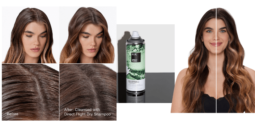 Vorher Nachher-Effekt des IGL Direct Flight Trockenshampoos mit Matcha-Extrakt